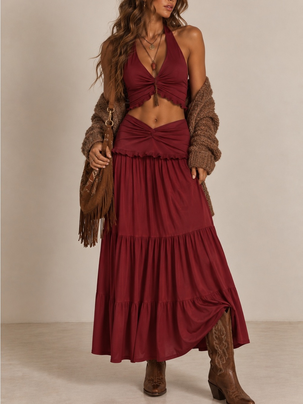 Knot-Detail Halter Skirt Set in Deep Red